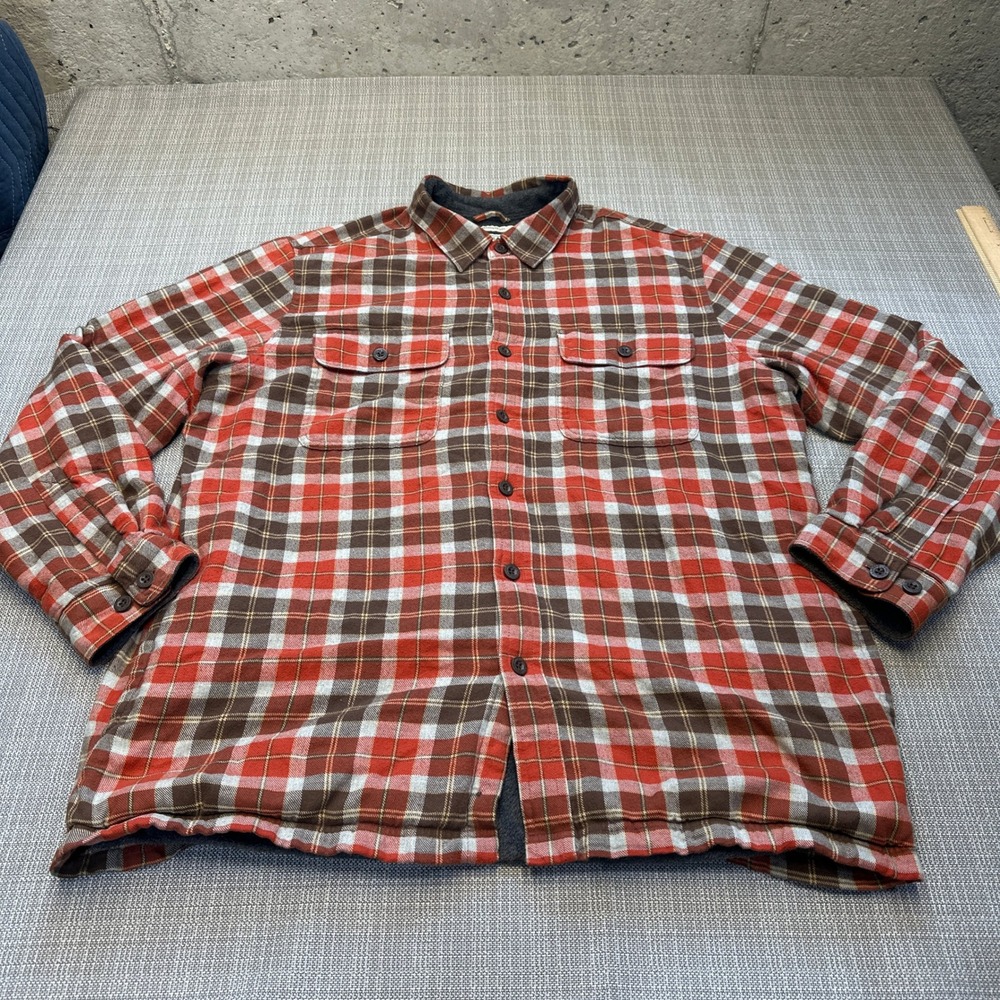 LL Bean Fleece Lined Flannel Shirt Mens Large Jacket Red Plaid Shacket Outdoors